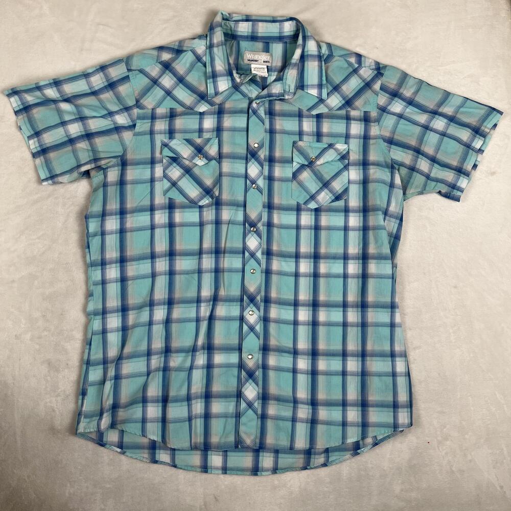 Wrangler Shirt Mens 2XLT Blue Plaid Short Sleeve Western Snap Front Tall Casual